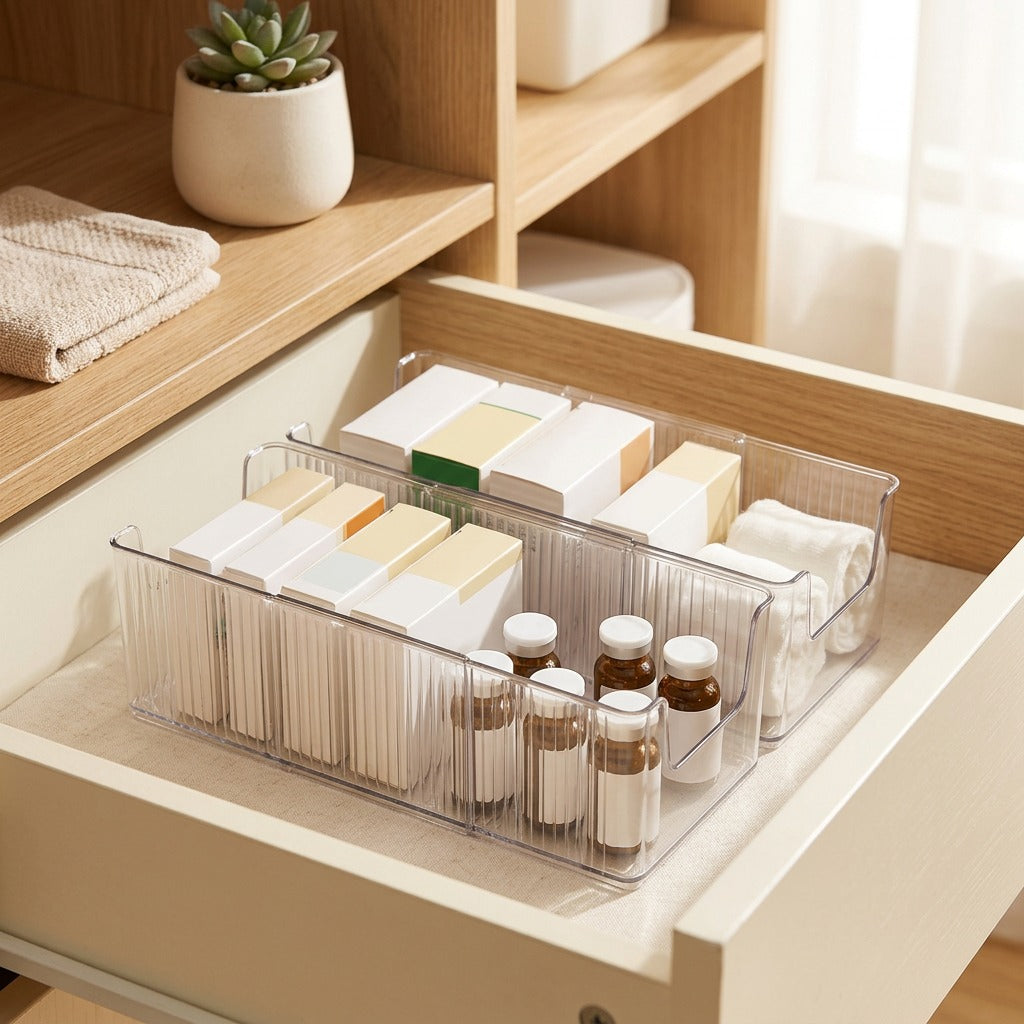 Slidewell™ Retractable Compartment Medicine Storage Box in a calm home setting