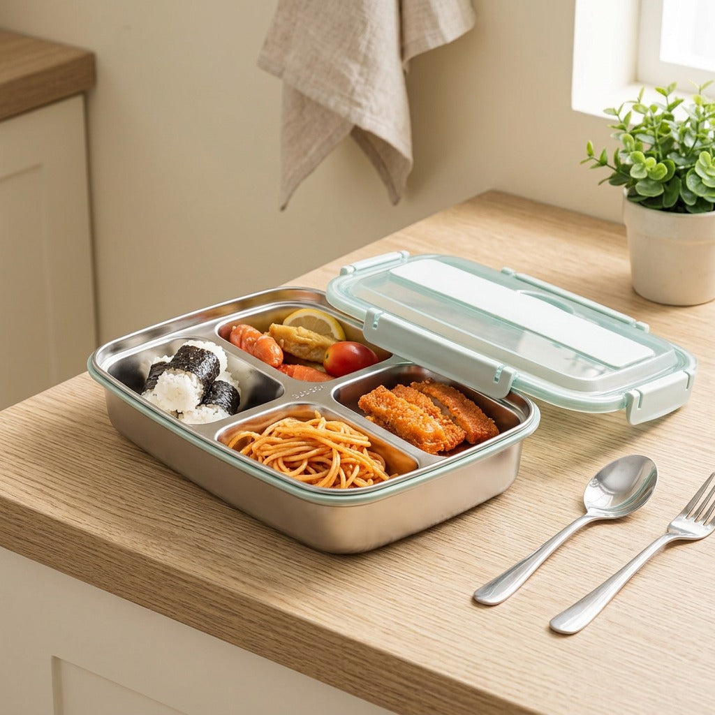 Mealgrid™ 304 Stainless Steel Compartmented Lunch Box in a calm home setting