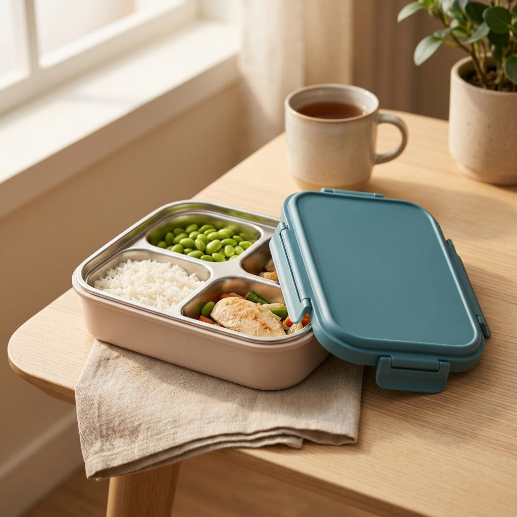 Mealgrid™ 304 Stainless Steel Compartmented Lunch Box, styled close view