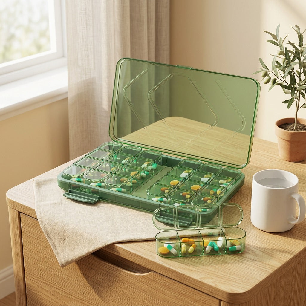 Dosegrid™ PP Plastic Pill Box With Compartments in a calm home setting