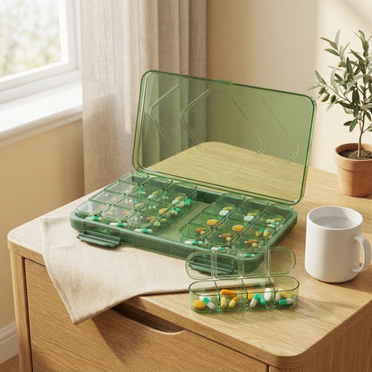 Dosegrid™ PP Plastic Pill Box With Compartments in a calm home setting