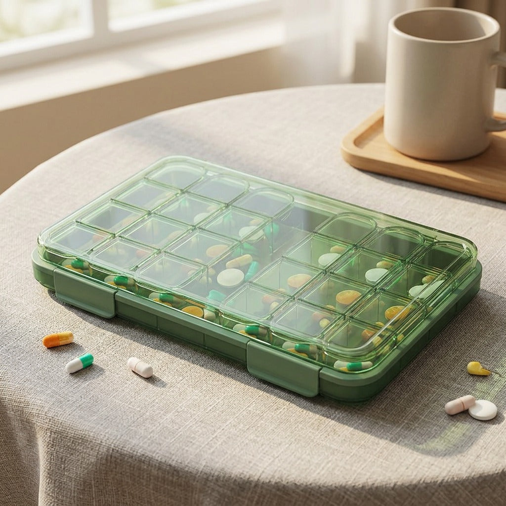 Dosegrid™ PP Plastic Pill Box With Compartments, styled close view