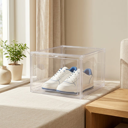 Clearshoe™ Transparent Acrylic Shoe Storage Box in a calm home setting