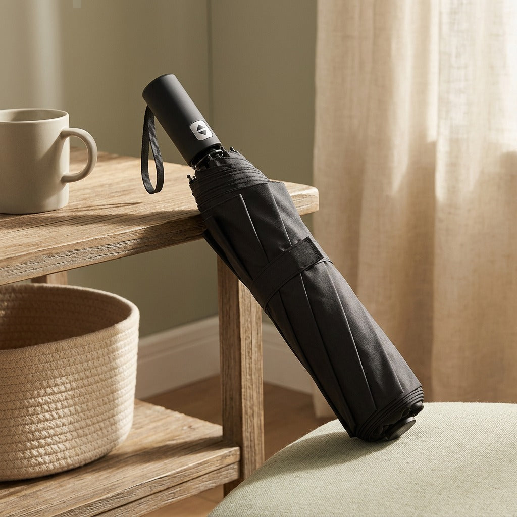 Sunshower™ Folding Umbrella for Sun and Rain, styled close view
