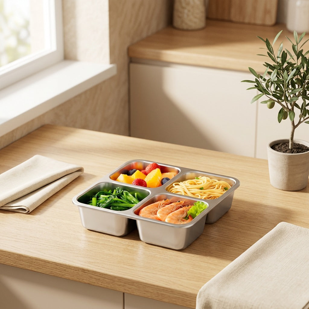 Quadmeal™ 304 Stainless Steel Four-Compartment Lunch Box in a calm home setting