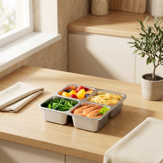 Quadmeal™ 304 Stainless Steel Four-Compartment Lunch Box in a calm home setting