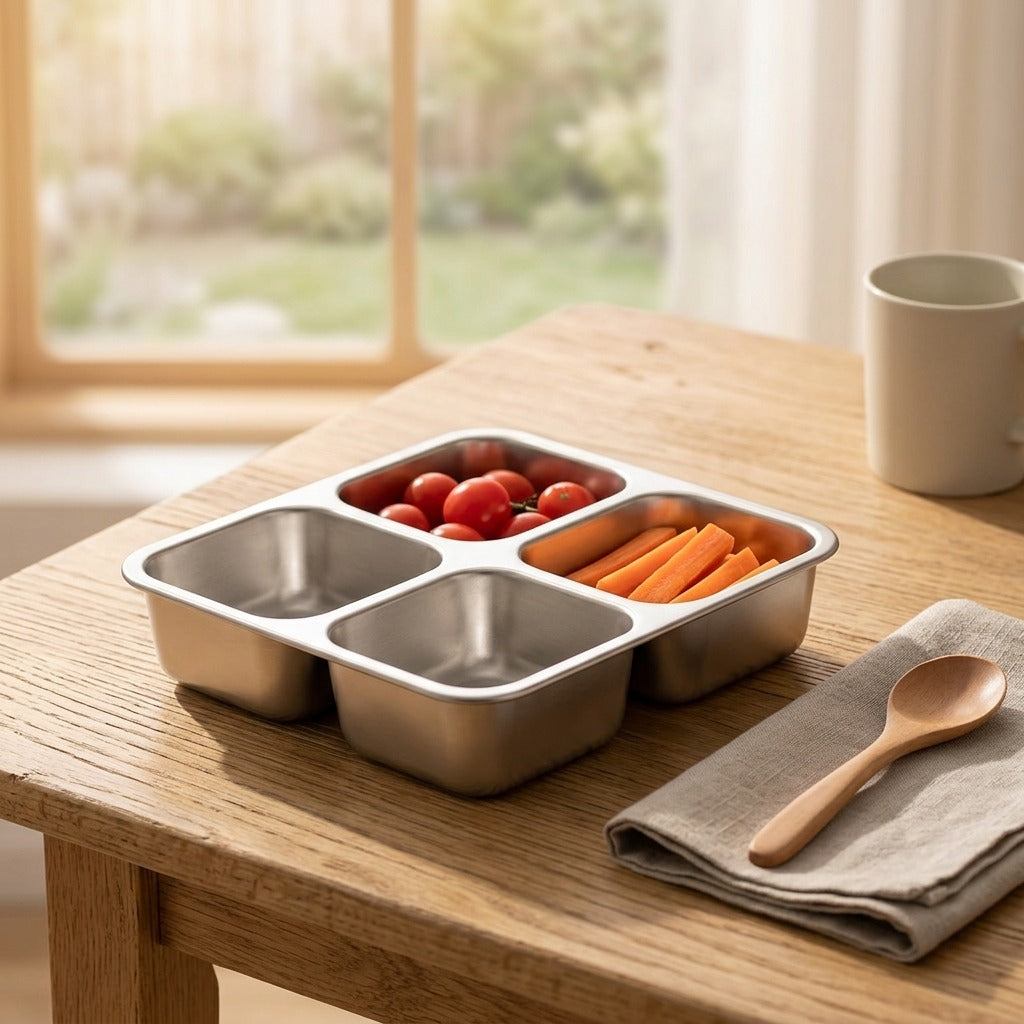 Quadmeal™ 304 Stainless Steel Four-Compartment Lunch Box, styled close view