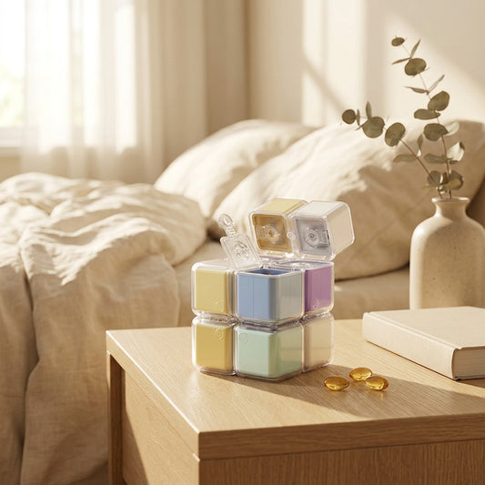 Dosecube™ 8-Compartment Rubik's Cube Pill Box in a calm home setting