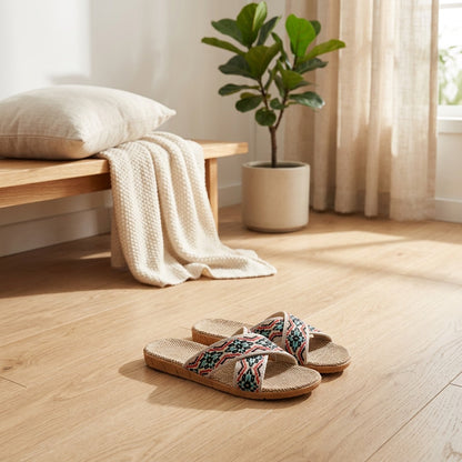 Linenrest™ Linen Four Seasons Slippers in a calm home setting