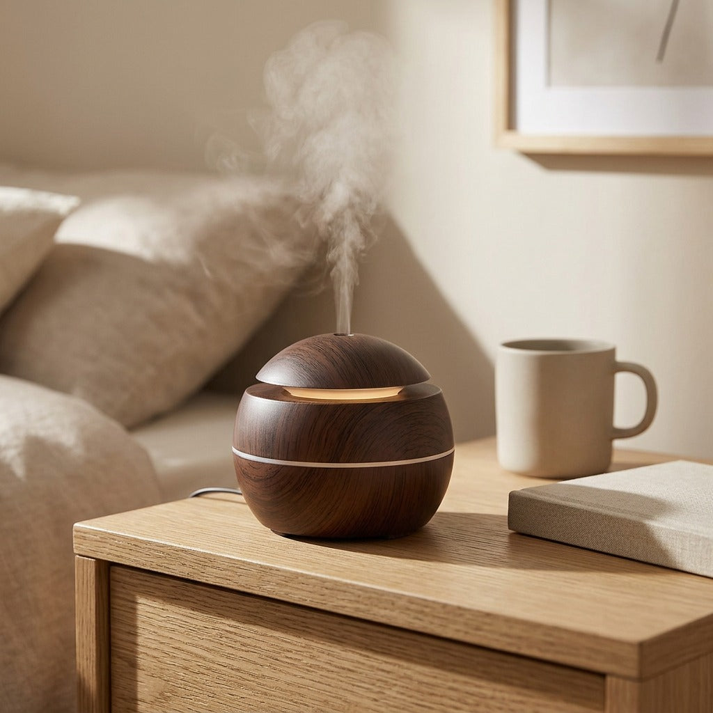Woodmist™ Wood Grain USB Humidifier, styled close view
