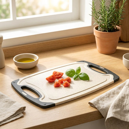 Strawcut™ Wheat Straw Plastic Cutting Board in a calm home setting
