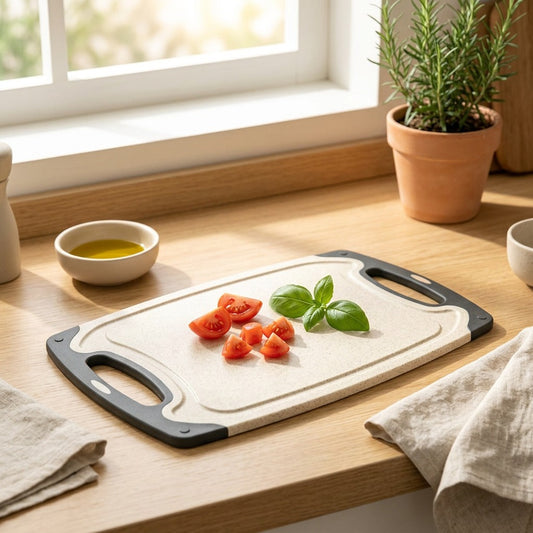 Strawcut™ Wheat Straw Plastic Cutting Board in a calm home setting