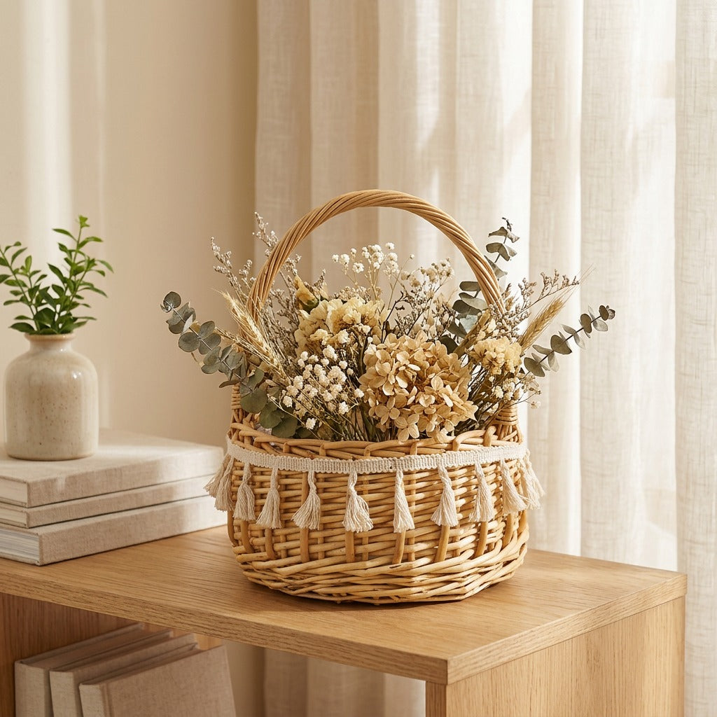 Petalweave™ Wicker Flower Arrangement Basket in a calm home setting