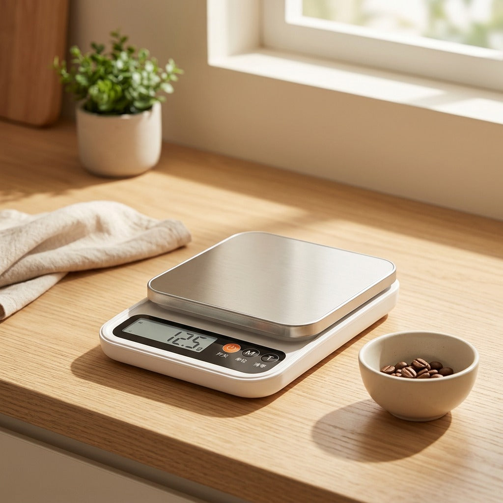 Weighgram™ Mini Gram Kitchen Scale in a calm home setting