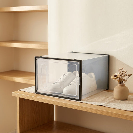 Stackshoe™ Stackable Plastic Shoe Storage Box in a calm home setting