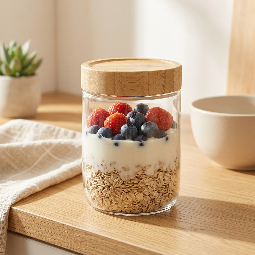 Jarwood™ Glass Storage Jar With Bamboo Lid in a calm home setting