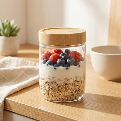 Jarwood™ Glass Storage Jar With Bamboo Lid in a calm home setting