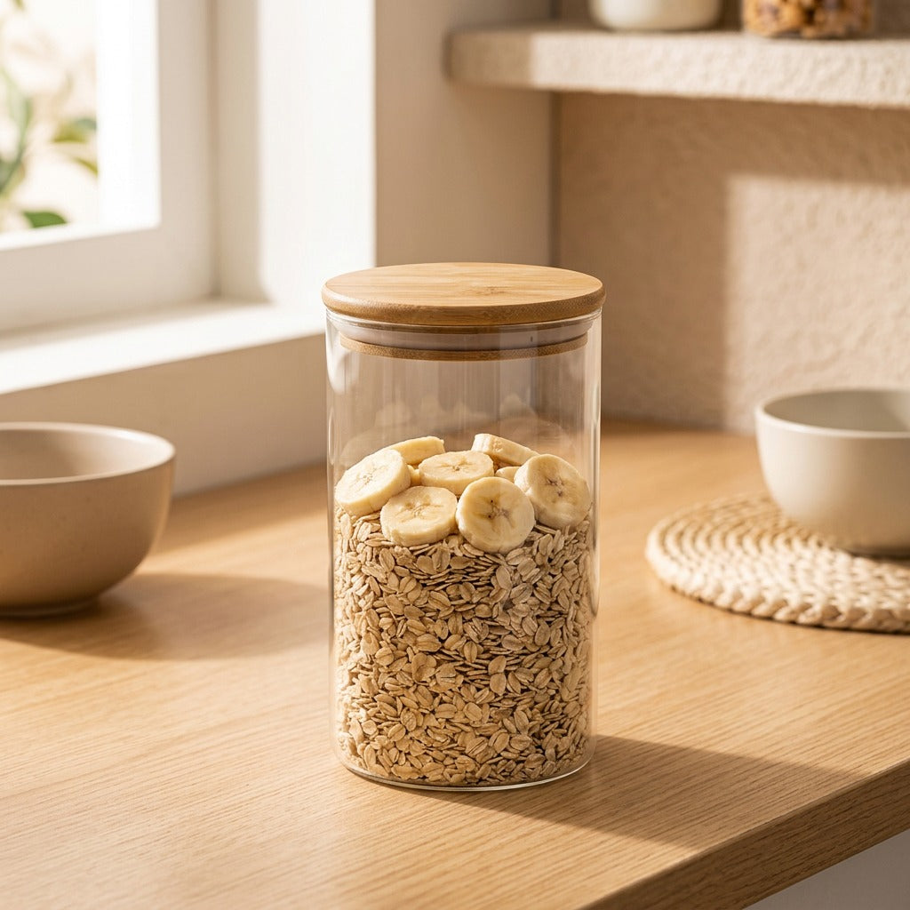 Jarwood™ Glass Storage Jar With Bamboo Lid, styled close view