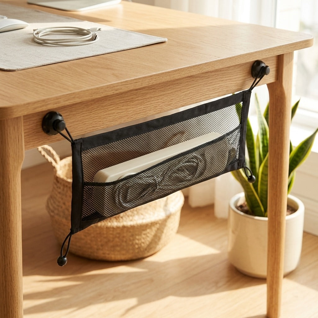 Meshperch™ Mesh Under-Desk Power Strip Storage Net in a calm home setting