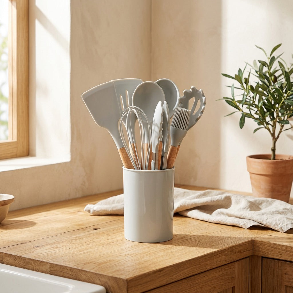 Stirpair™ Silicone Spatula and Spoon Set in a calm home setting