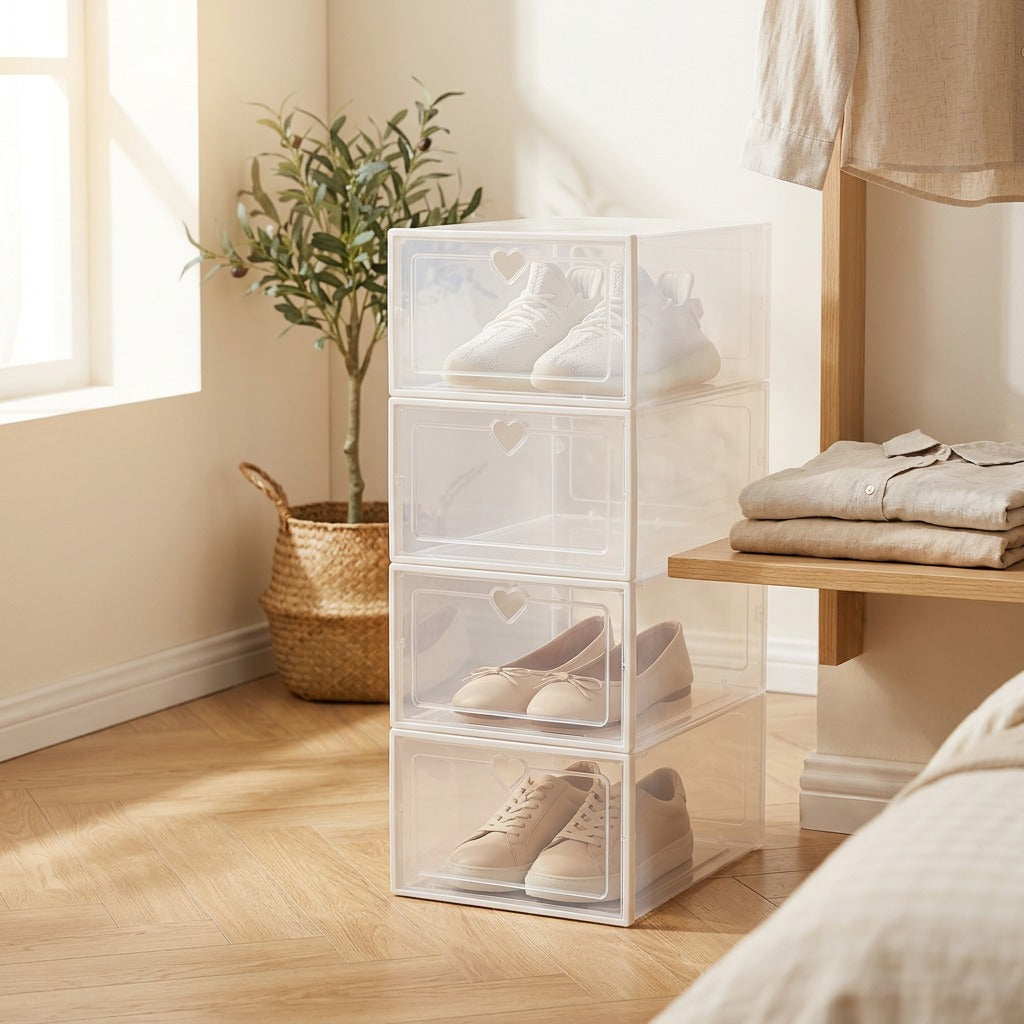 Soleflat™ Foldable Plastic Shoe Storage Box in a calm home setting