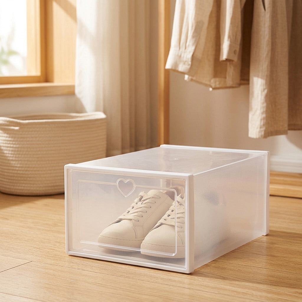 Soleflat™ Foldable Plastic Shoe Storage Box, styled close view