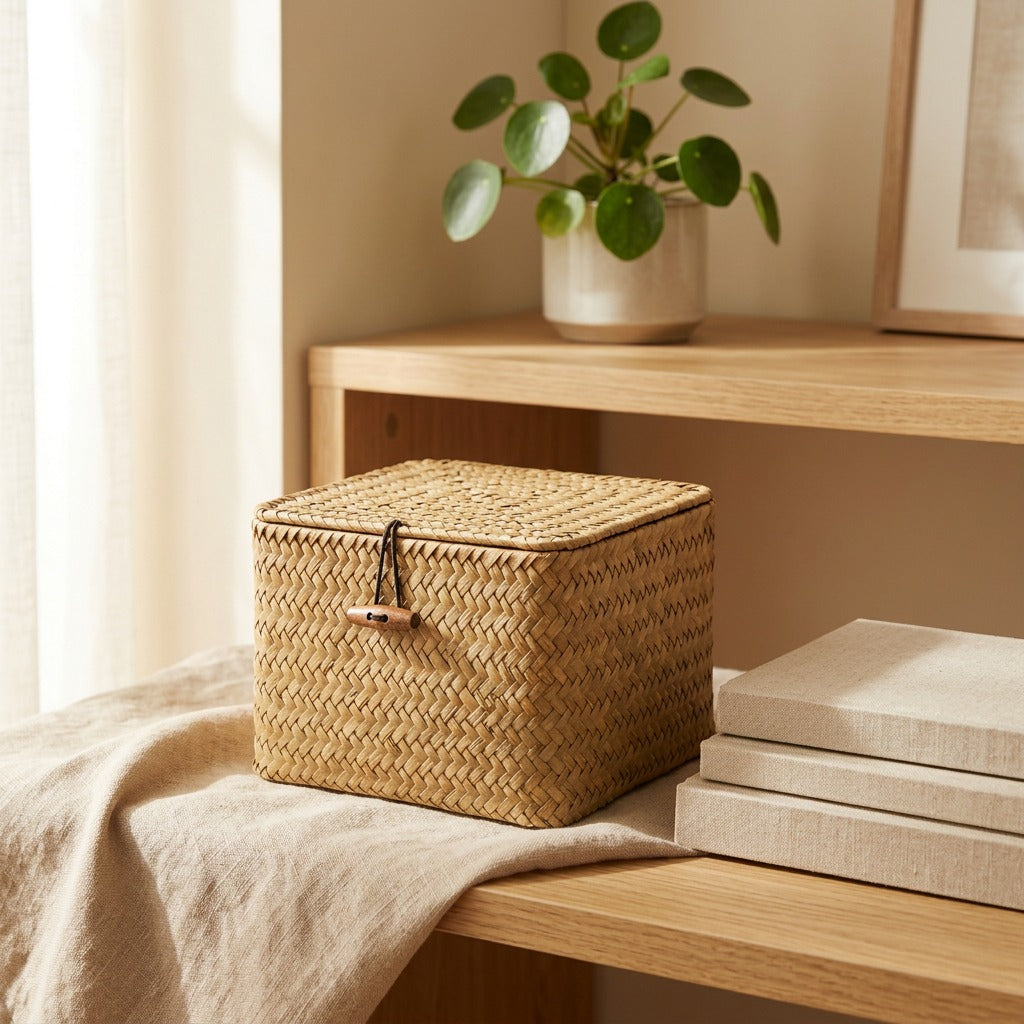 Bamboohide™ Square Bamboo Storage Box With Lid in a calm home setting