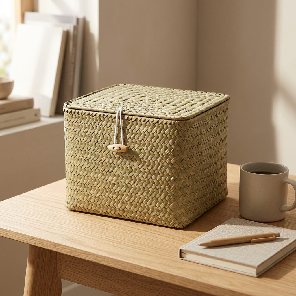 Bamboohide™ Square Bamboo Storage Box With Lid, styled close view