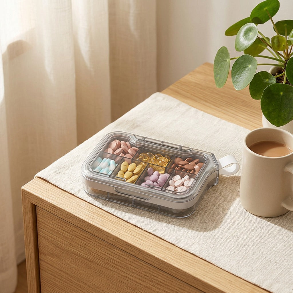 Dosecove™ Portable PP Pill Box in a calm home setting