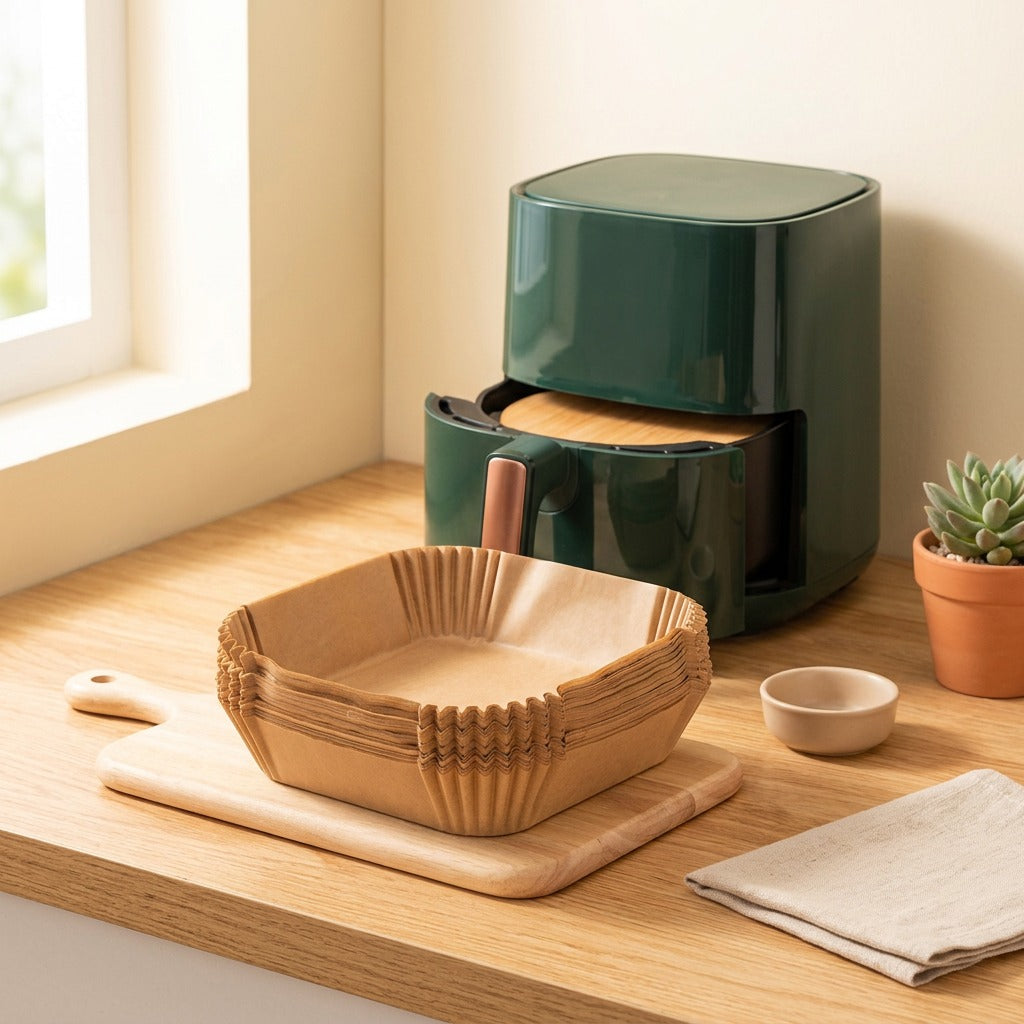 Frytray™ Square Air Fryer Paper Tray in a calm home setting