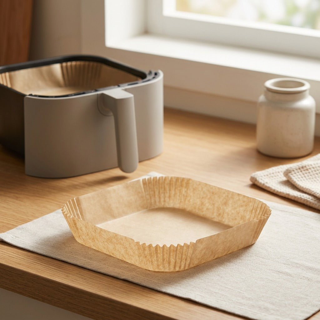 Frytray™ Square Air Fryer Paper Tray, styled close view