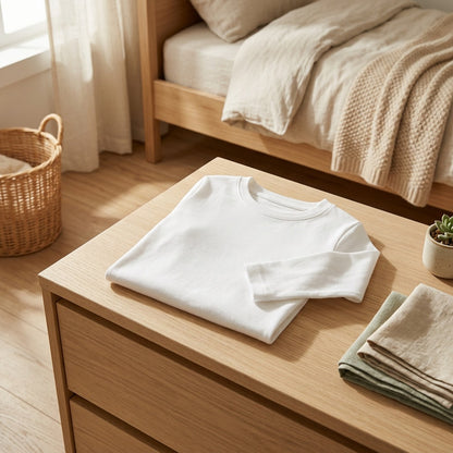 Softsleeve™ Kids' Solid Color Long-Sleeve T-Shirt in a calm home setting