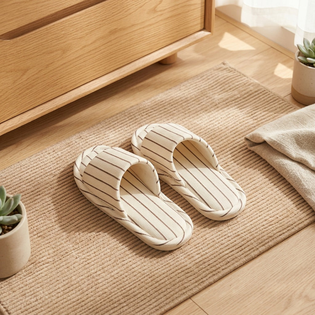 Stripestep™ Striped PVC Sole House Slippers in a calm home setting