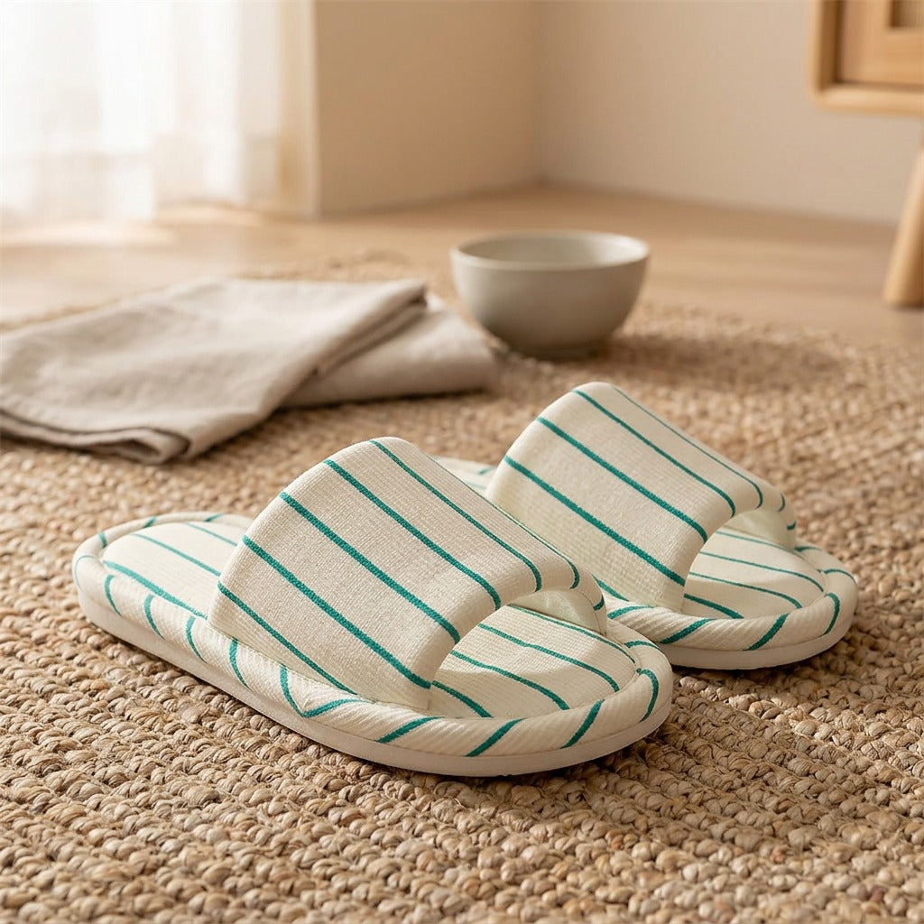 Stripestep™ Striped PVC Sole House Slippers, styled close view