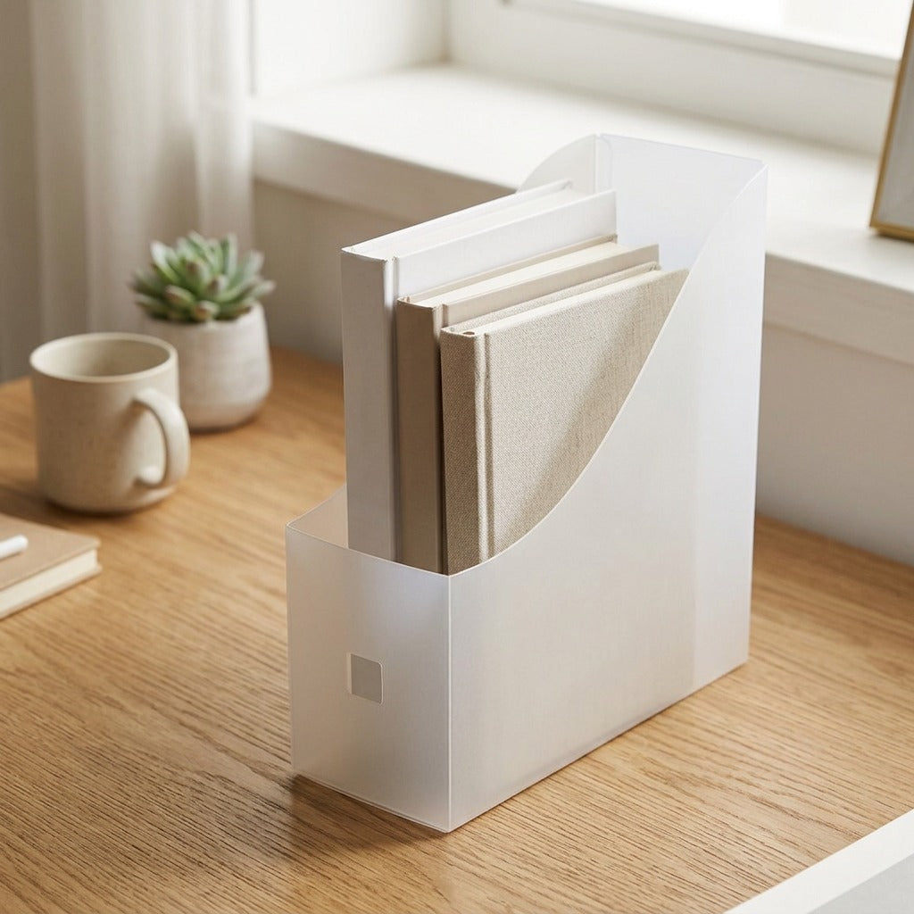 Foldbook™ Foldable Plastic Book Storage Box, styled close view
