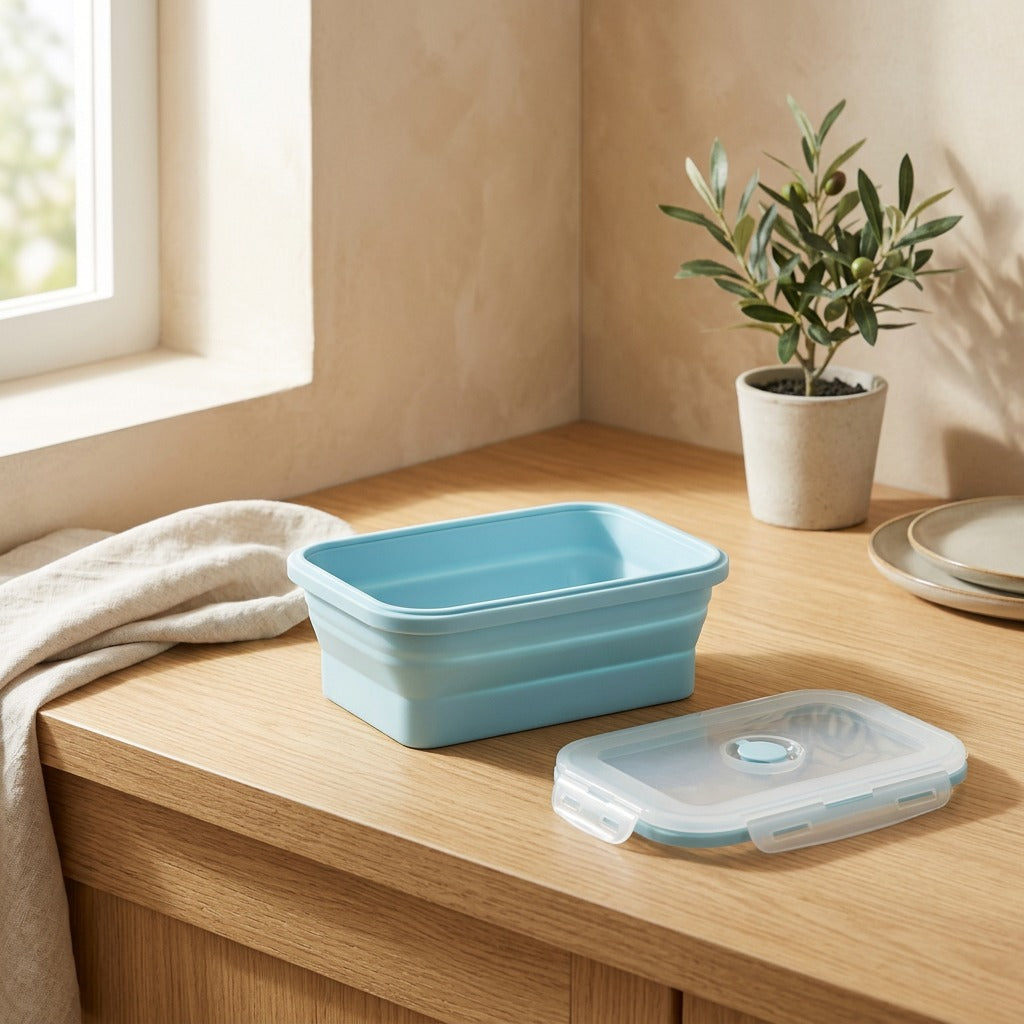 Warmfold™ Silicone Microwave Lunch Box in a calm home setting