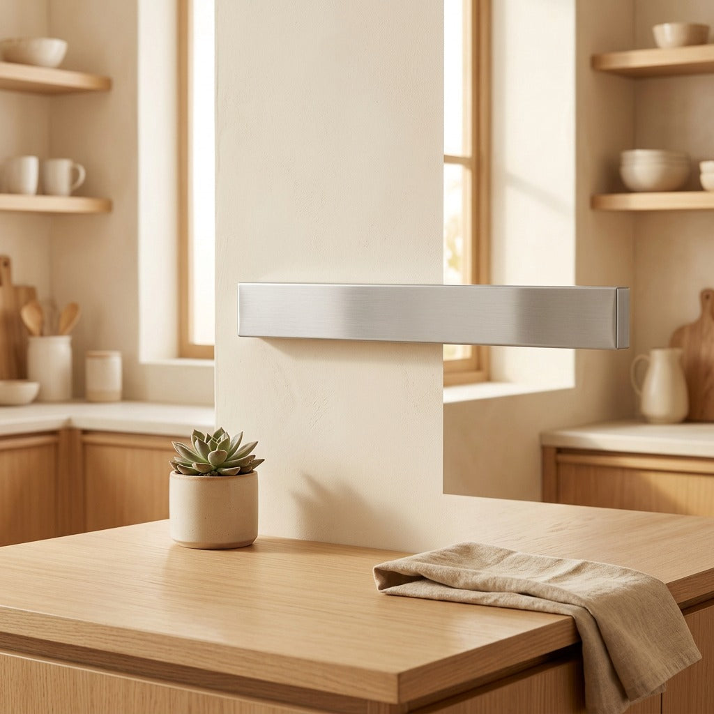 Steelmag™ 304 Stainless Steel Magnetic Knife Holder in a calm home setting