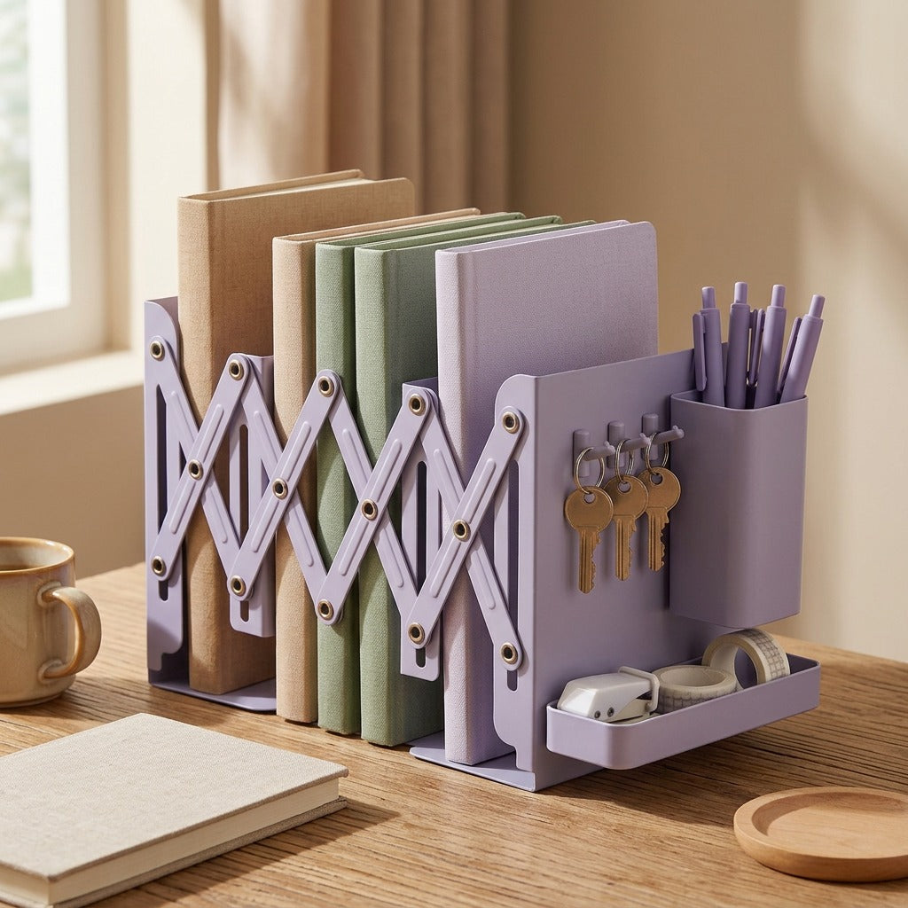 Bookcubby™ Metal Desktop Book Storage Rack, styled close view