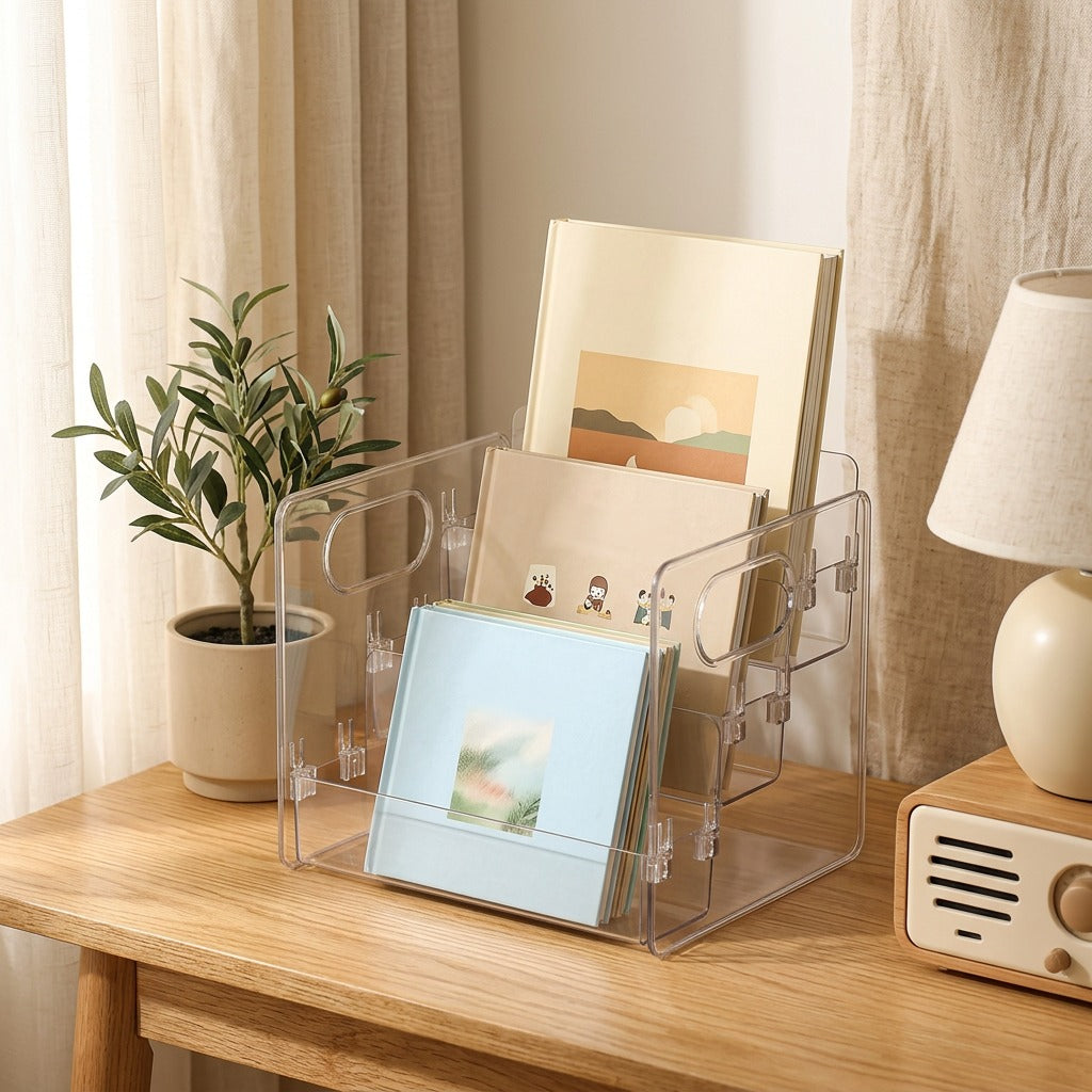 Pagehold™ Transparent PET Desktop Book Organizer in a calm home setting