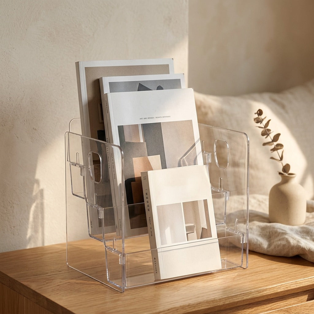 Pagehold™ Transparent PET Desktop Book Organizer, styled close view