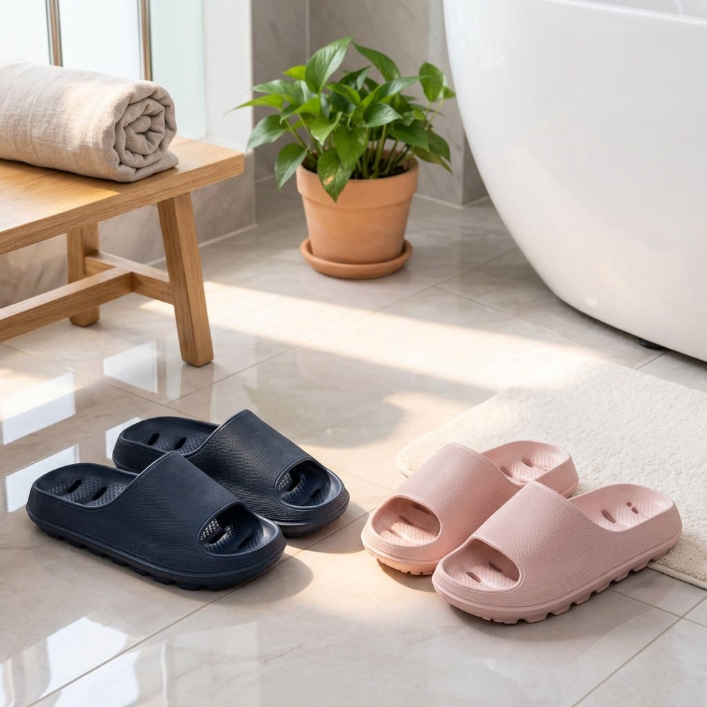 Showerdrift™ EVA Foam Shower Slide Sandals in a calm home setting