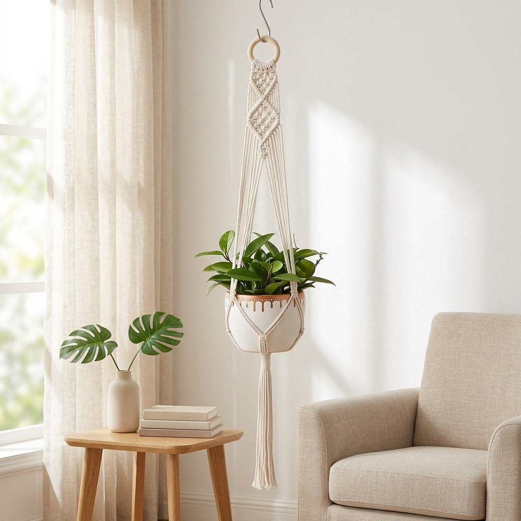 Ropeloft™ Cotton Rope Hanging Basket Net in a calm home setting