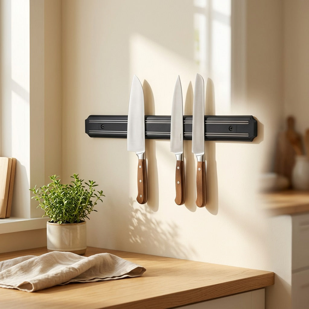 Rackblade™ Magnetic Knife Holder Plastic Kitchen Rack in a calm home setting
