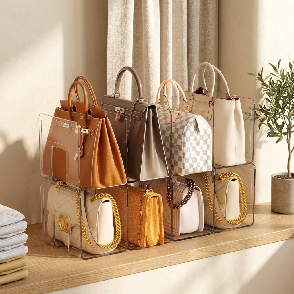 Bagperch™ Acrylic Bag Storage Rack in a calm home setting