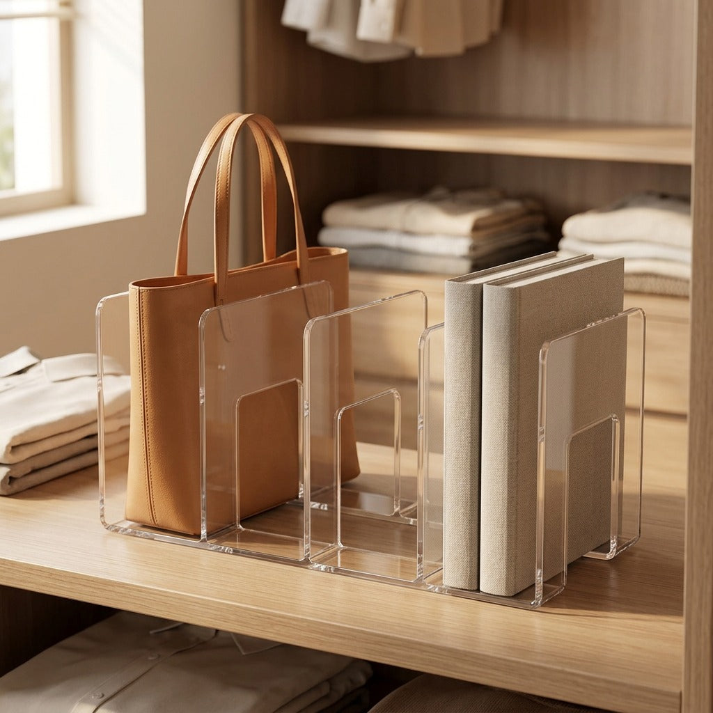 Bagperch™ Acrylic Bag Storage Rack, styled close view