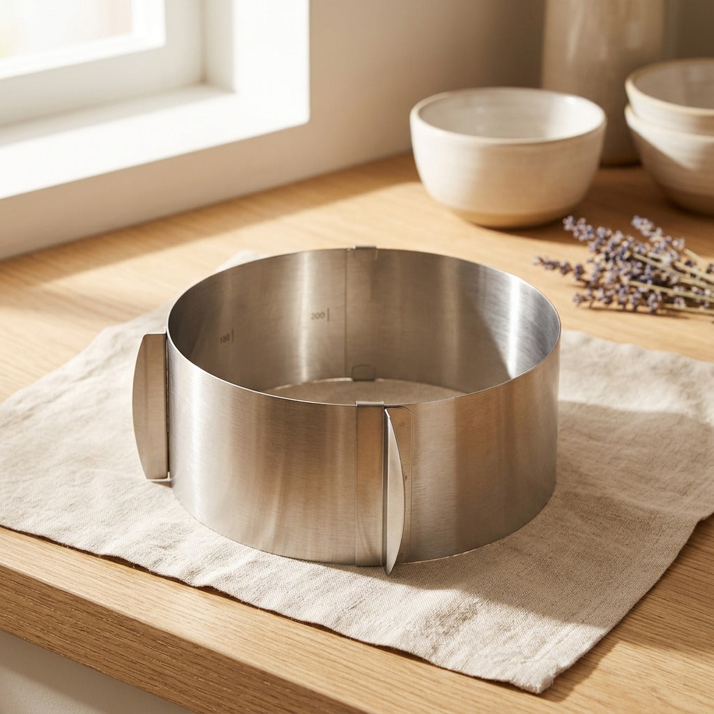 Cakebrace™ Stainless Steel Adjustable Cake Ring in a calm home setting