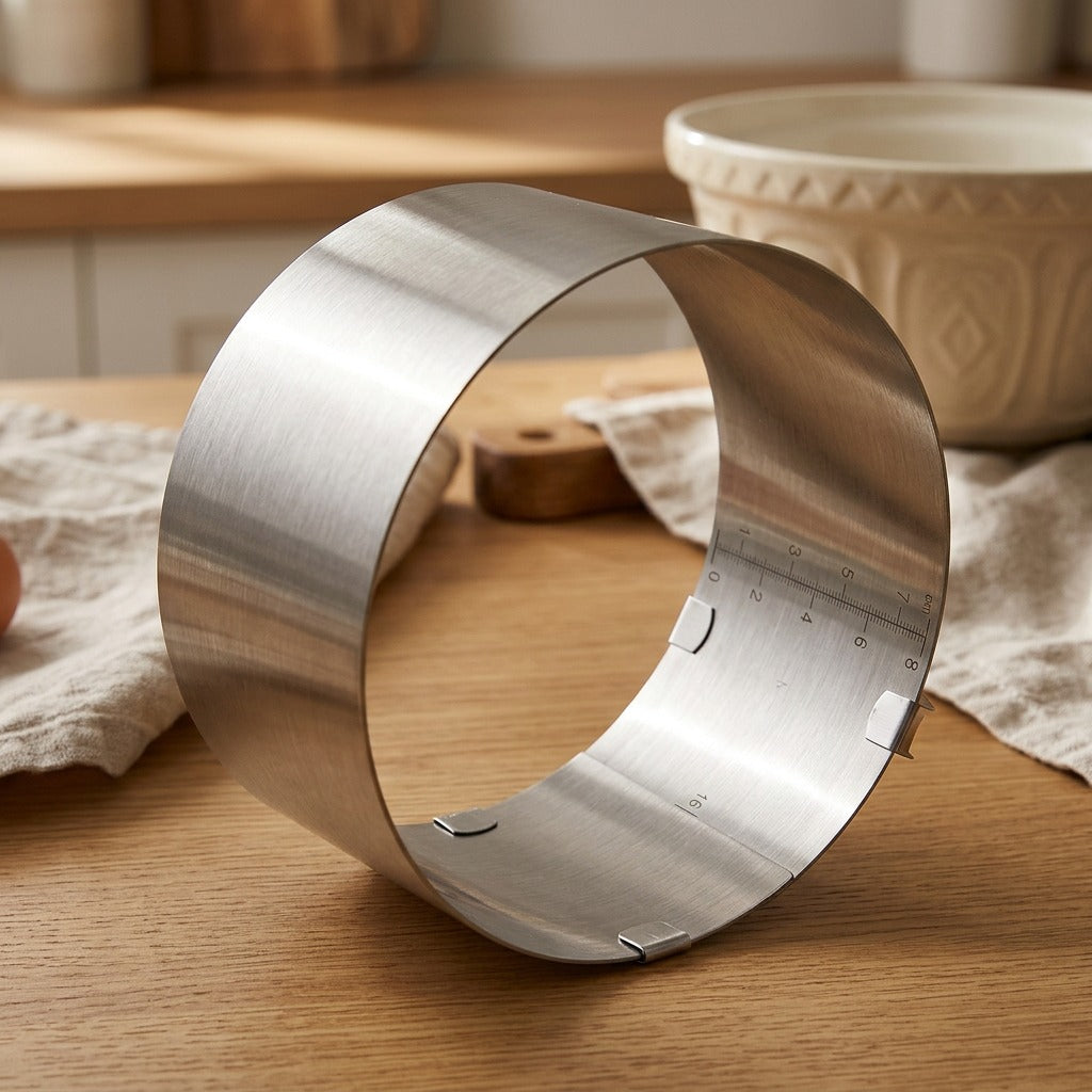 Cakebrace™ Stainless Steel Adjustable Cake Ring, styled close view