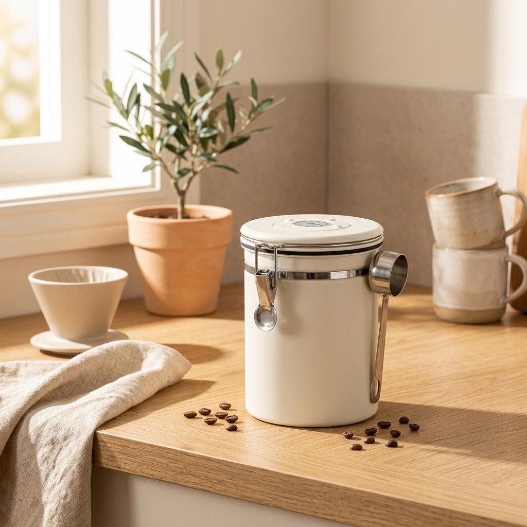 Beanlock™ 304 Stainless Steel Coffee Storage Jar in a calm home setting