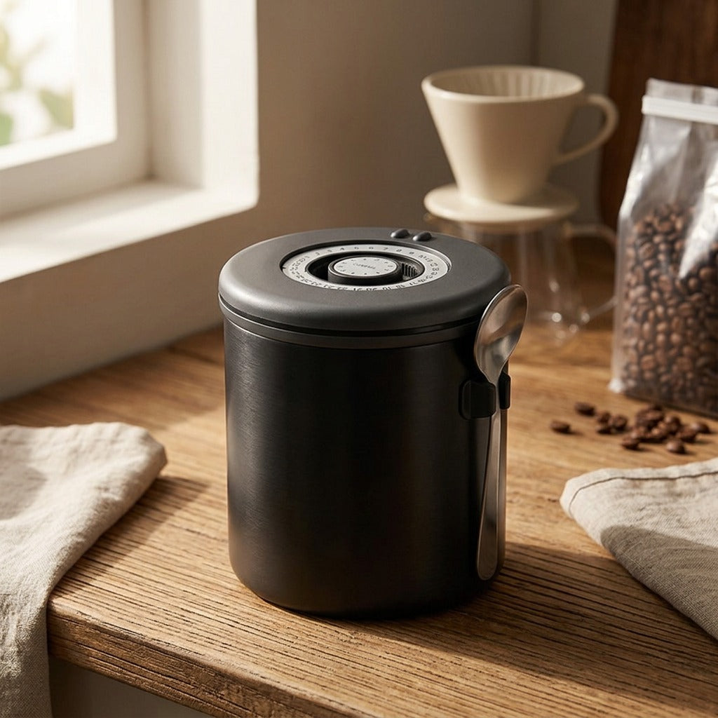 Beanlock™ 304 Stainless Steel Coffee Storage Jar, styled close view