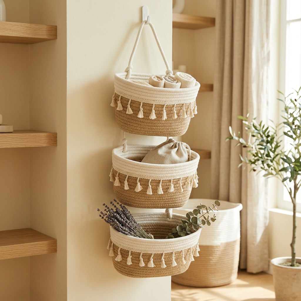 Cottonest™ Three-Layer Cotton Hanging Storage Basket in a calm home setting